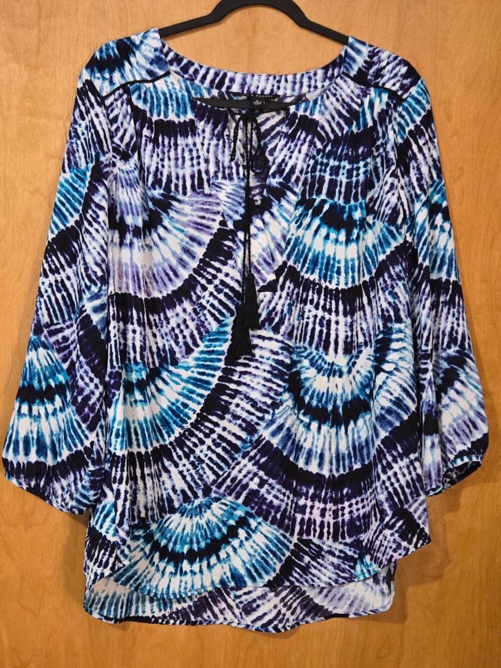 Zac & Rachel Womans XL Tie-Dye Peasant Blouse Blue Purple Tassel Hippie Chic